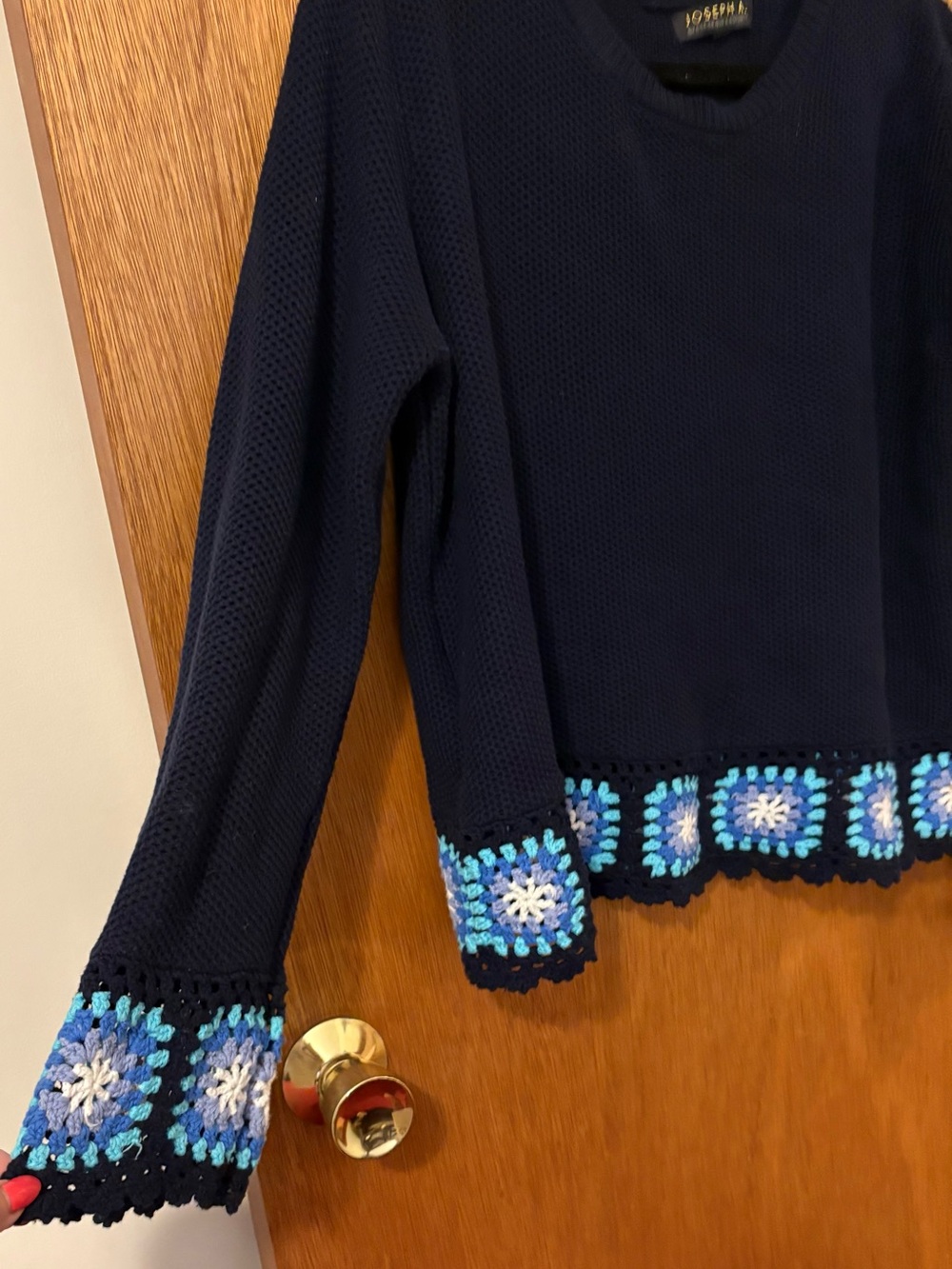Joseph A Navy Textured Crewneck Sweater with Crochet Detail. * See photo # 5* - Picture 4 of 8